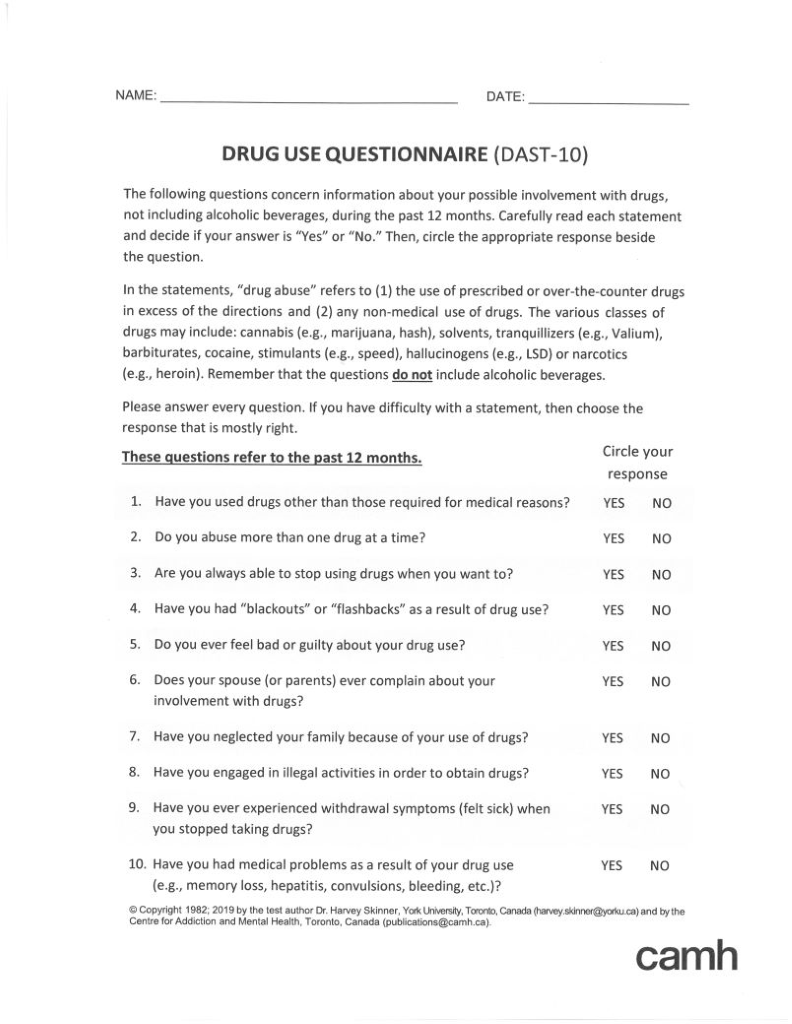 Dast Questionnaire.pdf Drug Abuse Screening Test (DAST-10)|Questionnaire sur la consommation ...